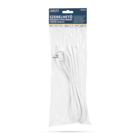 Hálózati szerelhető tápkábel dugóval - 5 m kábellel - 3 x 1,5 mm² - fehér 