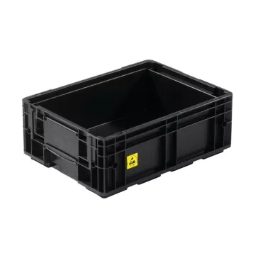   R-KLT 4115 Megerősített műanyag láda, 400 × 300 × 150 mm, alja zárt és bordázott, oldala zárt, zárt markolat, fekete