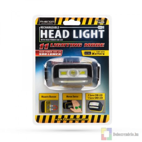 Fejlámpa Li-ion akkumulátorral mozgásérzékelővel 4 db COB LED-del