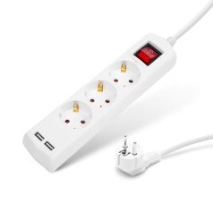   Elosztó 3-as - 3 x 1,5 mm - 1,5 m - 2 x USB-vel - kapcsolós 