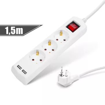   Elosztó 3-as - 3 x 1,5 mm - 1,5 m - 2 x USB-vel - kapcsolós 