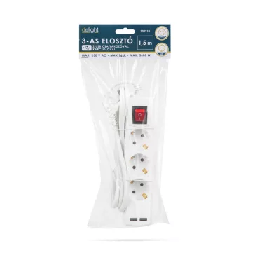   Elosztó 3-as - 3 x 1,5 mm - 1,5 m - 2 x USB-vel - kapcsolós 