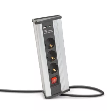   Sarokelosztó - kapcsolós - 3 x 250V, 16A - 2 x USB, 2,1A - alumínium ház 