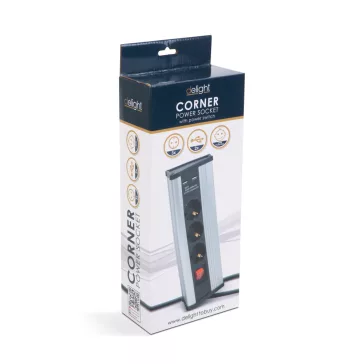   Sarokelosztó - kapcsolós - 3 x 250V, 16A - 2 x USB, 2,1A - alumínium ház 