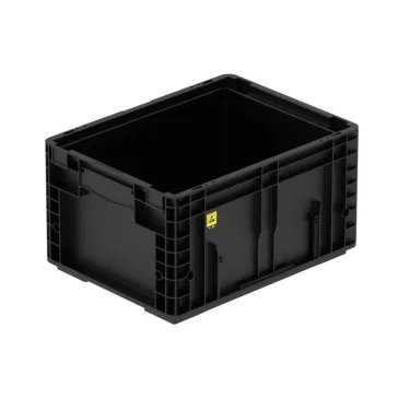   R-KLT 4122 Megerősített műanyag láda, 400 × 300 × 215 mm, alja zárt és bordázott, oldala zárt, zárt markolat, fekete