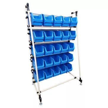   Csővázas Mh3-Box tartó állvány 1110x700x1730 mm, 25 db kék dobozzal