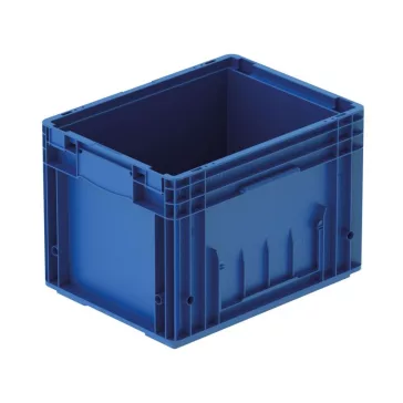   RL-KLT 4280 Megerősített, könnyített műanyag láda, 400 × 300 × 280 mm, alja zárt, oldala zárt, zárt markolat, vízelvezető nyílásokkal, kék (RAL 5005)