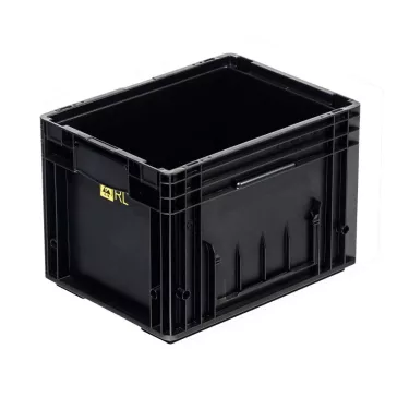   RL-KLT 4080 Megerősített, könnyített műanyag láda, 400 × 300 × 280 mm, alja zárt, oldala zárt, zárt markolat, fekete