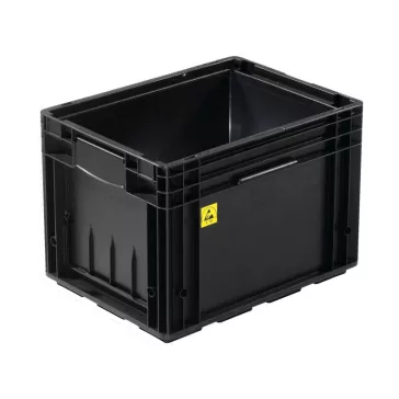  R-KLT 4129 Megerősített műanyag láda, 400 × 300 × 280 mm, alja zárt és bordázott , oldala zárt, zárt markolat, fekete