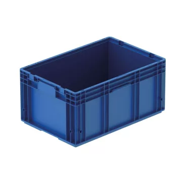  RL-KLT 6280 Megerősített, könnyített műanyag láda, 600 × 400 × 280 mm, alja zárt, oldala zárt, zárt markolat, vízelvezető nyílásokkal, kék (RAL 5005)