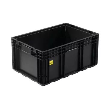   R-KLT 6129 Megerősített műanyag láda, 600 × 400 × 280 mm, alja zárt és megerősített, oldala zárt, zárt markolat, fekete