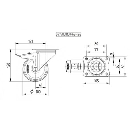 Tömörgumis Görgő, Fémfelnis, Hátfuratos, Totálfékes 100 mm