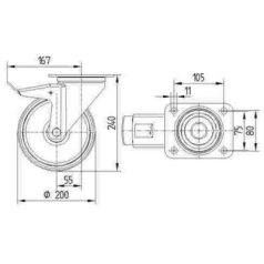   Alpha Fékes Önbeálló Görgő, Fekete, Elasztikus Gumi Futófelület (200)