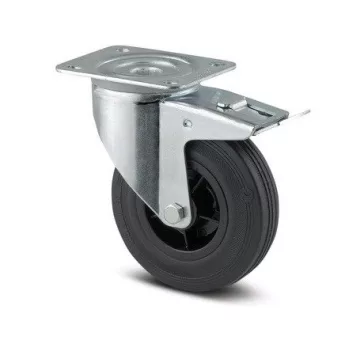   Tömörgumis, fékes, műanyagfelnis görgő, önbeálló villában, 200mm