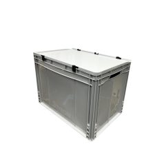   Szürke láda, zsanéros fedéllel, erősített alj, nyitott markolattal, 60x40x42 mm