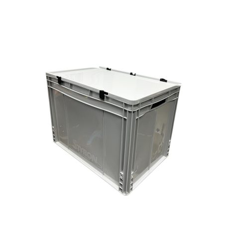 Szürke láda, zsanéros fedéllel, erősített alj, nyitott markolattal, 60x40x42 mm