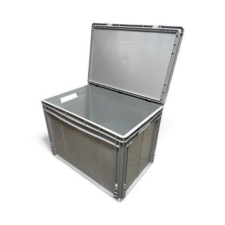 Szürke láda, zsanéros fedéllel, erősített alj, nyitott markolattal, 60x40x42 mm