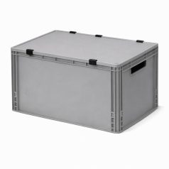   Szürke láda, zsanéros fedéllel, erősített alj, nyitott markolattal, 60x40x42 mm