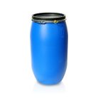 120 literes széles nyakú, műanyag fedeles hordó, szorítógyűrűvel, kék, UN tanúsítvánnyal