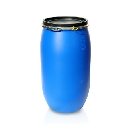 120 literes széles nyakú, műanyag fedeles hordó, szorítógyűrűvel, kék, UN tanúsítvánnyal