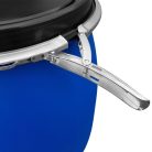 120 literes széles nyakú, műanyag fedeles hordó, szorítógyűrűvel, kék, UN tanúsítvánnyal