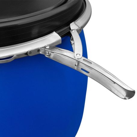 120 literes széles nyakú, műanyag fedeles hordó, szorítógyűrűvel, kék, UN tanúsítvánnyal