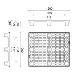   Műanyag, könnyített, egyutas raklap, 9 lábbal 1200x1000x135 mm