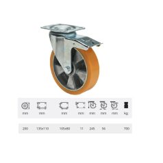   Nagy teherbírású, forgó-fékes görgő, poliuretán, 200 mm, 700 kg