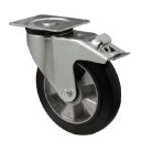 Forgó-fékes kerék, horganyzott villába szerelve, fekete tömörgumi futófelülettel, 100 mm, 180 kg, talpas felfogatás