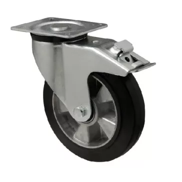  Forgó-fékes kerék, horganyzott villába szerelve, fekete tömörgumi futófelülettel, 100 mm, 180 kg, talpas felfogatás