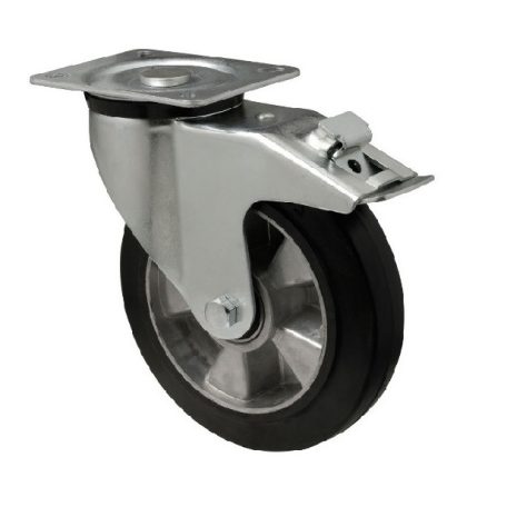 Forgó-fékes kerék, horganyzott villába szerelve, fekete tömörgumi futófelülettel, 100 mm, 180 kg, talpas felfogatás