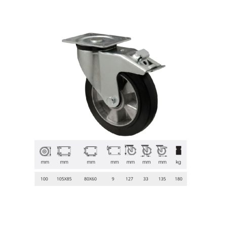 Forgó-fékes kerék, horganyzott villába szerelve, fekete tömörgumi futófelülettel, 100 mm, 180 kg, talpas felfogatás