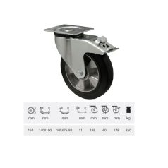   Forgó-fékes kerék, horganyzott villába szerelve, fekete tömörgumi futófelülettel, 160 mm, 350 kg, talpas felfogatás