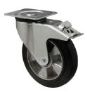 Forgó-fékes kerék, horganyzott villába szerelve, fekete tömörgumi futófelülettel, 200 mm, 400 kg, talpas felfogatás