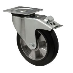   Forgó-fékes kerék, horganyzott villába szerelve, fekete tömörgumi futófelülettel, 200 mm, 400 kg, talpas felfogatás