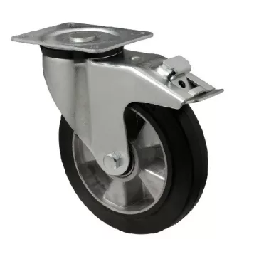   Forgó-fékes kerék, horganyzott villába szerelve, fekete tömörgumi futófelülettel, 200 mm, 400 kg, talpas felfogatás