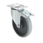 Forgó-fékes kerék, horganyzott villába szerelve, prémium ECOFORMA tömörgumi futófelület, 160 mm, 200 kg teherbírás, talpas felfogatás