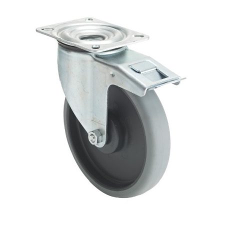 Forgó-fékes kerék, horganyzott villába szerelve, prémium ECOFORMA tömörgumi futófelület, 160 mm, 200 kg teherbírás, talpas felfogatás