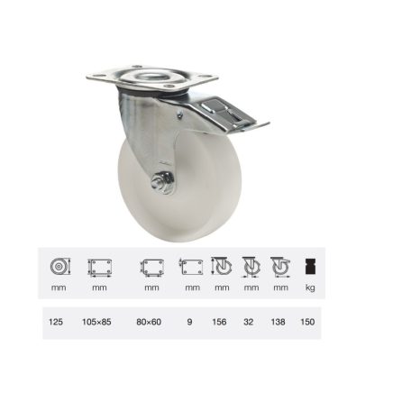 Poliamid, Talpas, Forgó-Fékes görgő, 125 mm, 150 kg