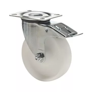   Forgó-Fékes kerék, (polipropilén) műanyag futófelület, horganyzott villába szerelve, 80 mm, 120 kg teherbírás, talpas felfogatás