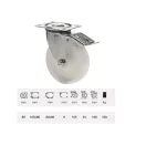 Forgó-Fékes kerék, (polipropilén) műanyag futófelület, horganyzott villába szerelve, 80 mm, 120 kg teherbírás, talpas felfogatás