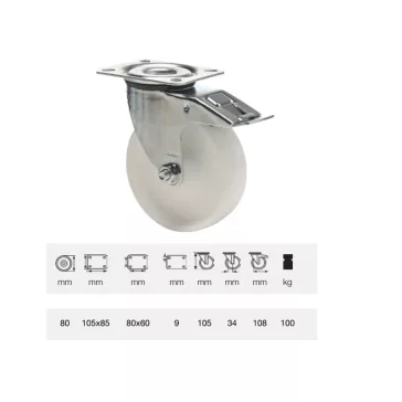   Forgó-Fékes kerék, (polipropilén) műanyag futófelület, horganyzott villába szerelve, 80 mm, 120 kg teherbírás, talpas felfogatás