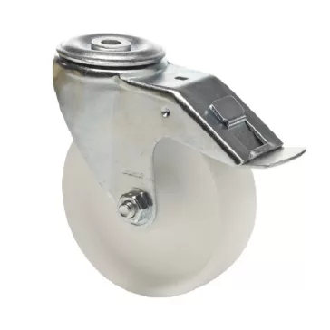   Forgó-Fékes kerék, (polipropilén) műanyag futófelület, horganyzott villába szerelve, 80 mm, 120 kg teherbírás, furatos felfogatás
