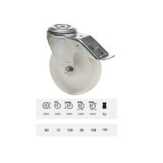   Forgó-Fékes kerék, (polipropilén) műanyag futófelület, horganyzott villába szerelve, 80 mm, 120 kg teherbírás, furatos felfogatás