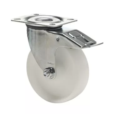   Forgó-Fékes kerék, (polipropilén) műanyag futófelület, horganyzott villába szerelve, 100 mm, 150 kg teherbírás, talpas felfogatás