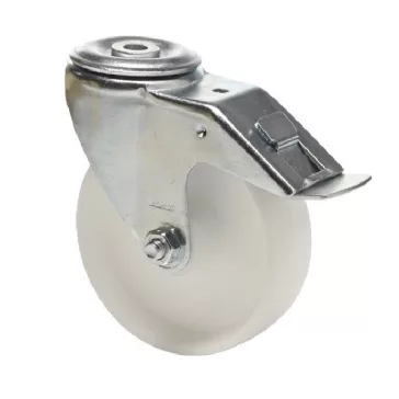   Forgó-Fékes kerék, (polipropilén) műanyag futófelület, horganyzott villába szerelve, 100 mm, 150 kg teherbírás, furatos felfogatás