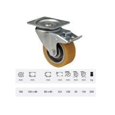 Poluretán, Talpas, Forgó-Fékes görgő, 100 mm, 200 kg