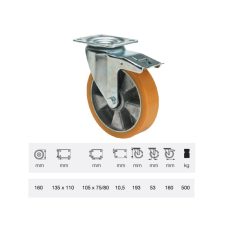 Poluretán, Talpas, Forgó-Fékes görgő, 160 mm, 500 kg