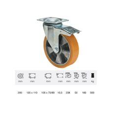 Poluretán, Talpas, Forgó-Fékes görgő, 200 mm, 500 kg