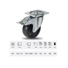   Forgó-fékes görgő, fekete antisztatikus (ESD) poliamid futófelület, 160 mm, 350 kg teherbírás, talpas felfogatás